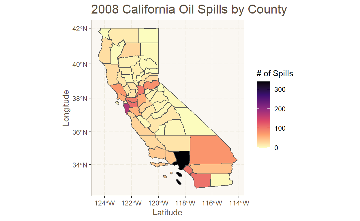 Map of California Counties colored according to the number of oil spills that occured in 2008. Lighter colors indicate fewer icidents than darker colors.